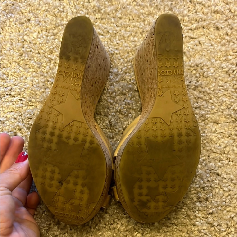 Jimmy Choo Tan Patent Wedge Sandals - Picture 3 of 7